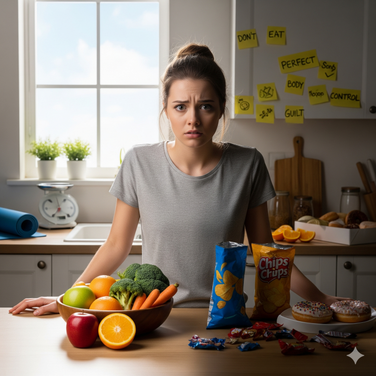 Una mujer de pie en una cocina, mostrando una expresión de conflicto mientras se debate entre alimentos saludables y comida chatarra.