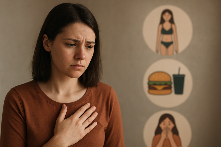 Fotografía realista de una mujer joven con expresión de tristeza y la mano en el pecho.